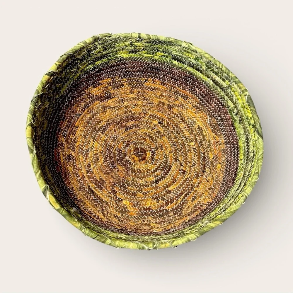 Fabric Wrapped Rope Basket Green And Brown 10” Handmade Earthy Boho Storage Tray
